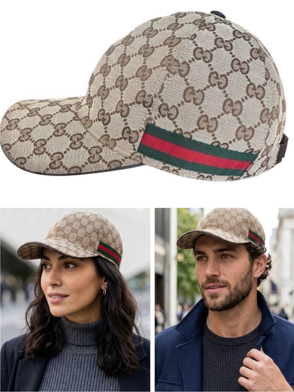 Gucci Original GG Canvas Baseball Hat Cap Web Stripe Beige Brown Medium 58